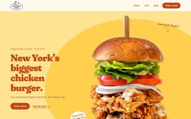 Chicken Is Back landing page: a tall fried chicken burger on yellow under the headline New York’s biggest chicken burger.