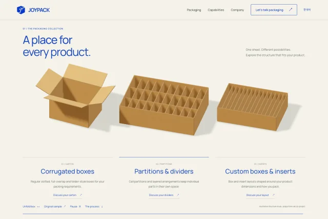 JOYPACK's three modeled packaging families: shipping carton, cell partitions and custom inserts