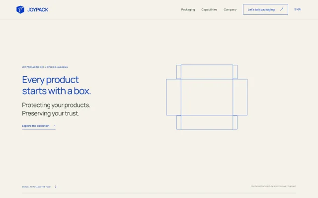 JOYPACK landing page with a blue carton drawing and the headline Every product starts with a box