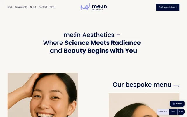 me:in Aesthetics landing page: the headline Where Science Meets Radiance above two portraits and the bespoke menu link.