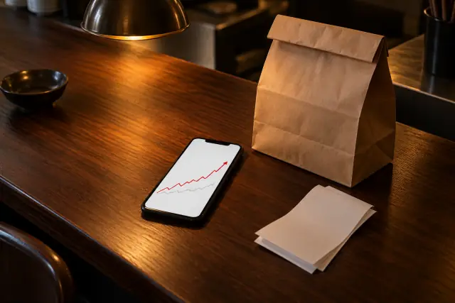 夜の暗い木のカウンターに置かれた、赤い線が上がる画面のスマートフォンと、口を折った紙のテイクアウト袋
