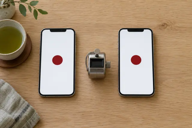 明るいオークのテーブルに並んだ2台のスマートフォン。それぞれの画面に赤いボタンが1つあり、間に銀色の数取器が置かれている