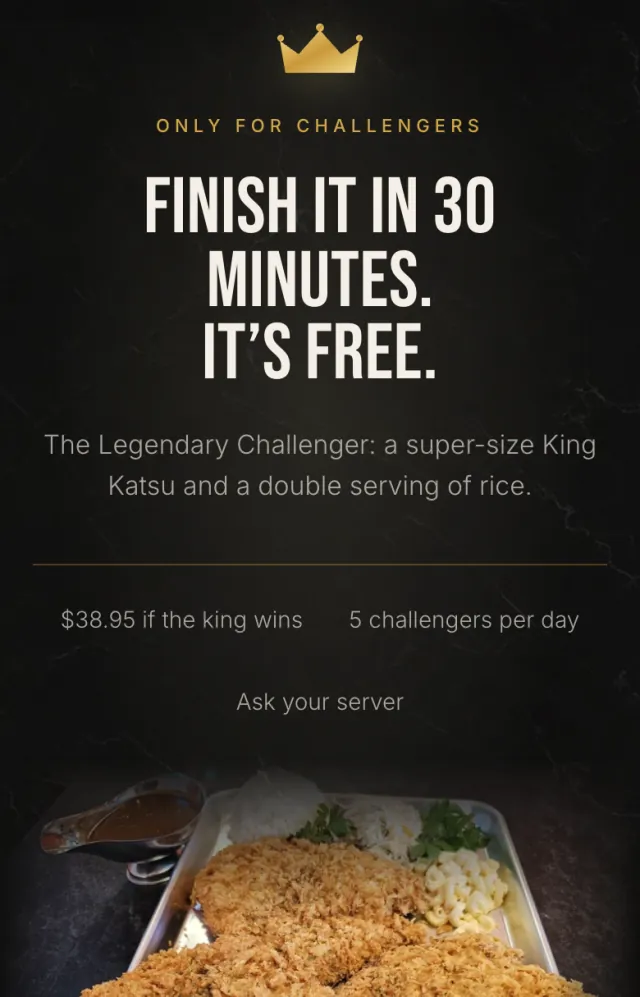 King Katsu Land's challenge page on a phone: finish the giant katsu in 30 minutes and it is free