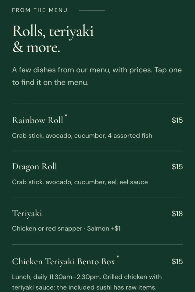 Midori Sushi's menu on a phone: rolls, teriyaki and more, with prices